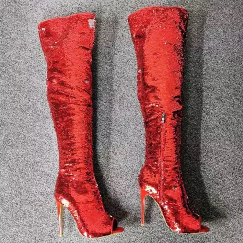 Red Over the Knee Boots with High Stiletto Heels and Open Toe Design